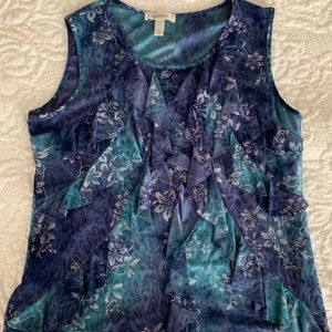 Dress Barn purple blue green with ruffles.